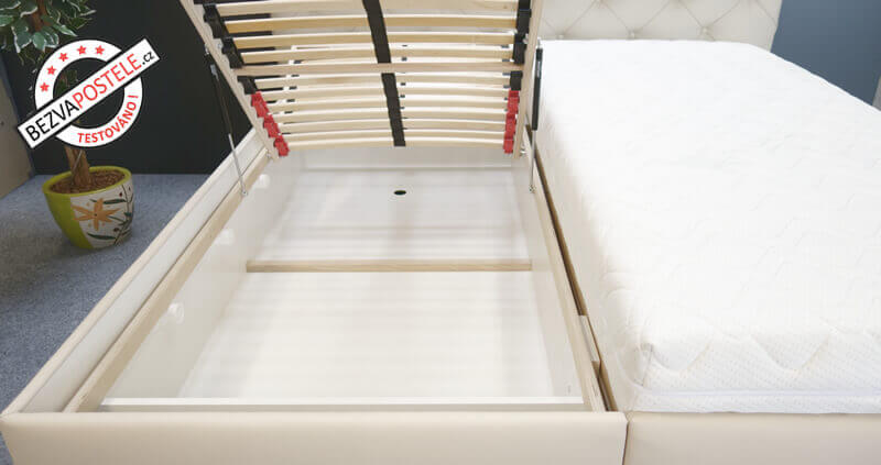 Vyklápěcí rošty u čalouněné postele s úložným prostorem Jolanda