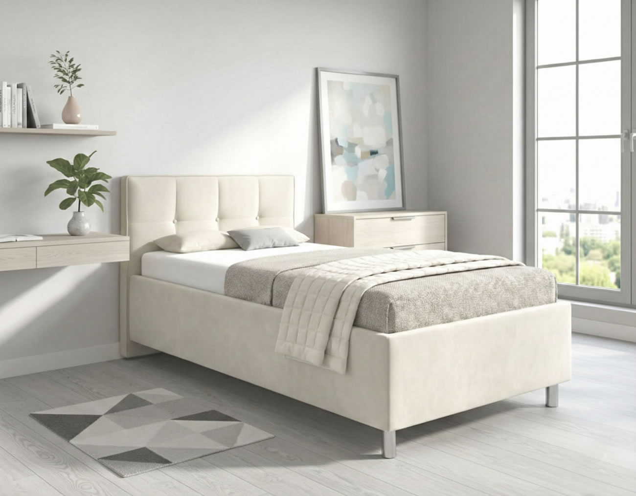 Čalouněná postel Crissy s prošívaným čelem a úložným prostorem