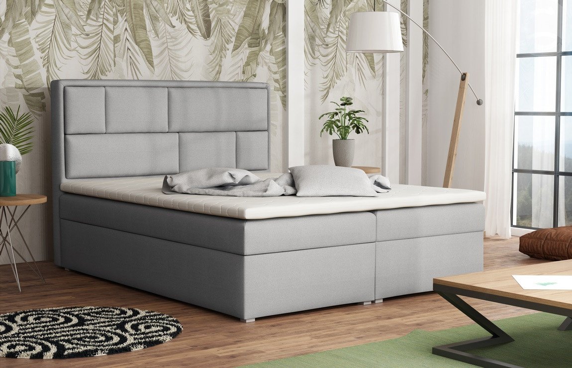 Americká postel boxspring CS34013, s matrací a úložným prostorem, světle šedá látka, 180x200 cm