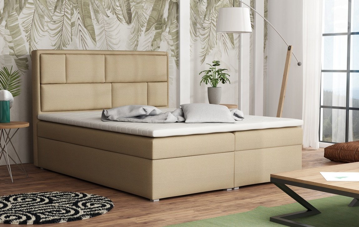 Americká postel boxspring CS34013, s matrací a úložným prostorem, béžová látka, 140x200 cm