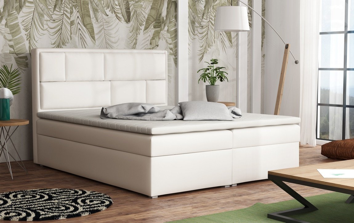 Americká postel boxspring CS34013, s matrací a úložným prostorem, bílá ekokůže, 180x200 cm
