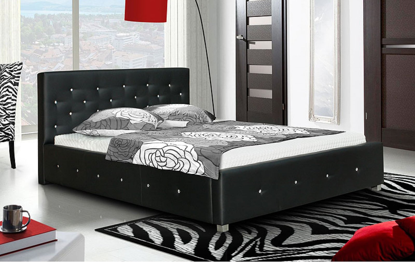 Manželská postel s úložným prostorem CS35009, 180x200 cm, černá ekokůže s krystalky Swarovski