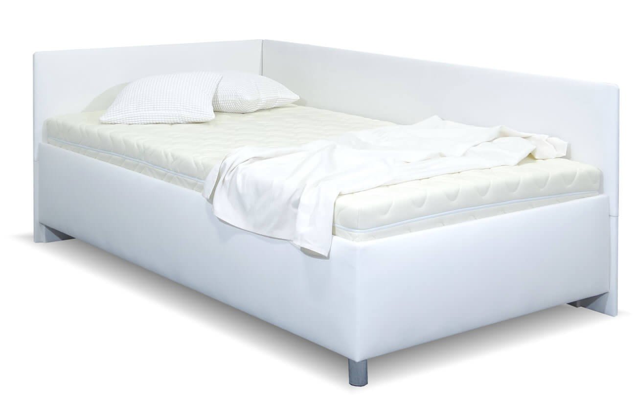 Rohová zvýšená čalouněná postel s úložným prostorem Ryana, 90x200, bílá