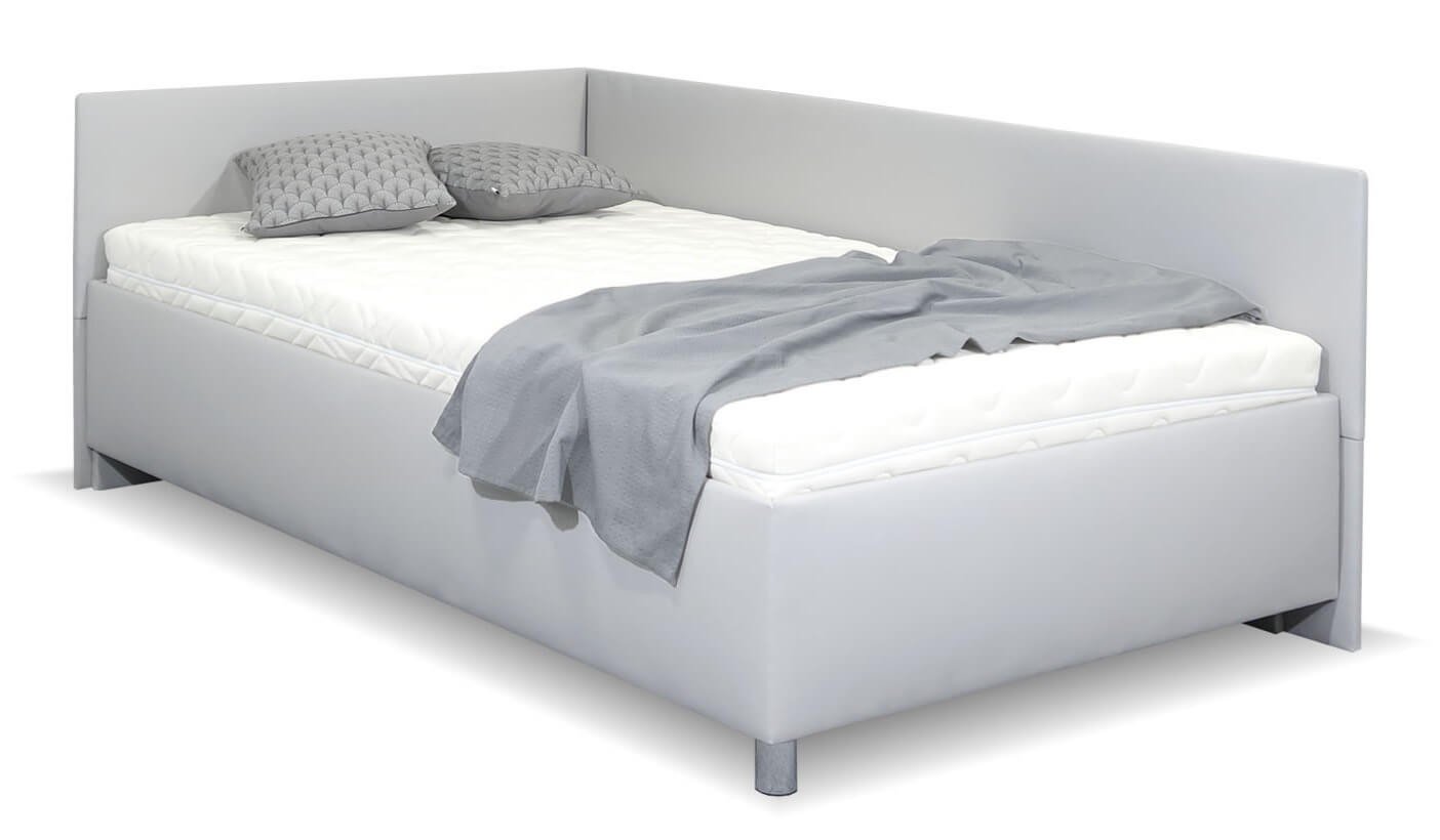 Rohová zvýšená čalouněná postel s úložným prostorem Ryana, 90x200, světle šedá