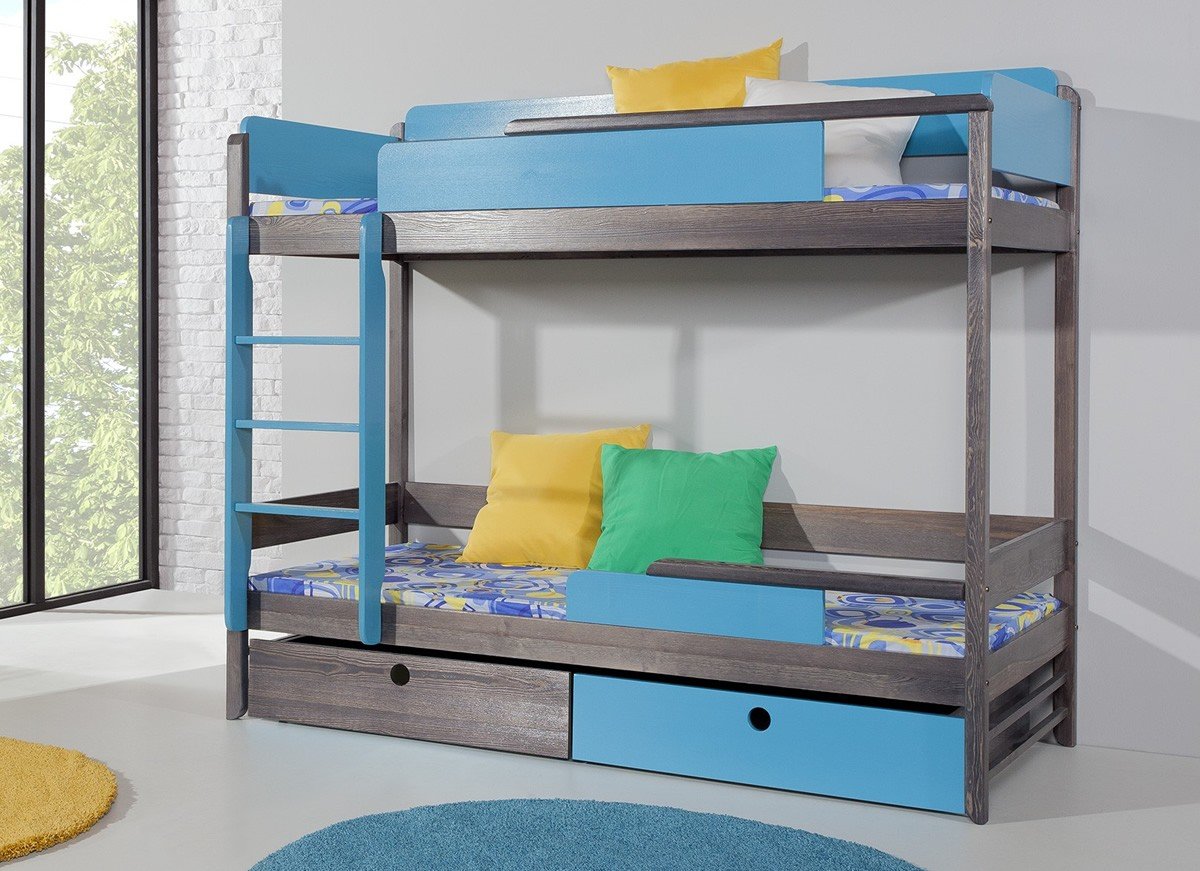 Dětská patrová postel se zábranou a úložným prostorem NATY2, masiv borovice