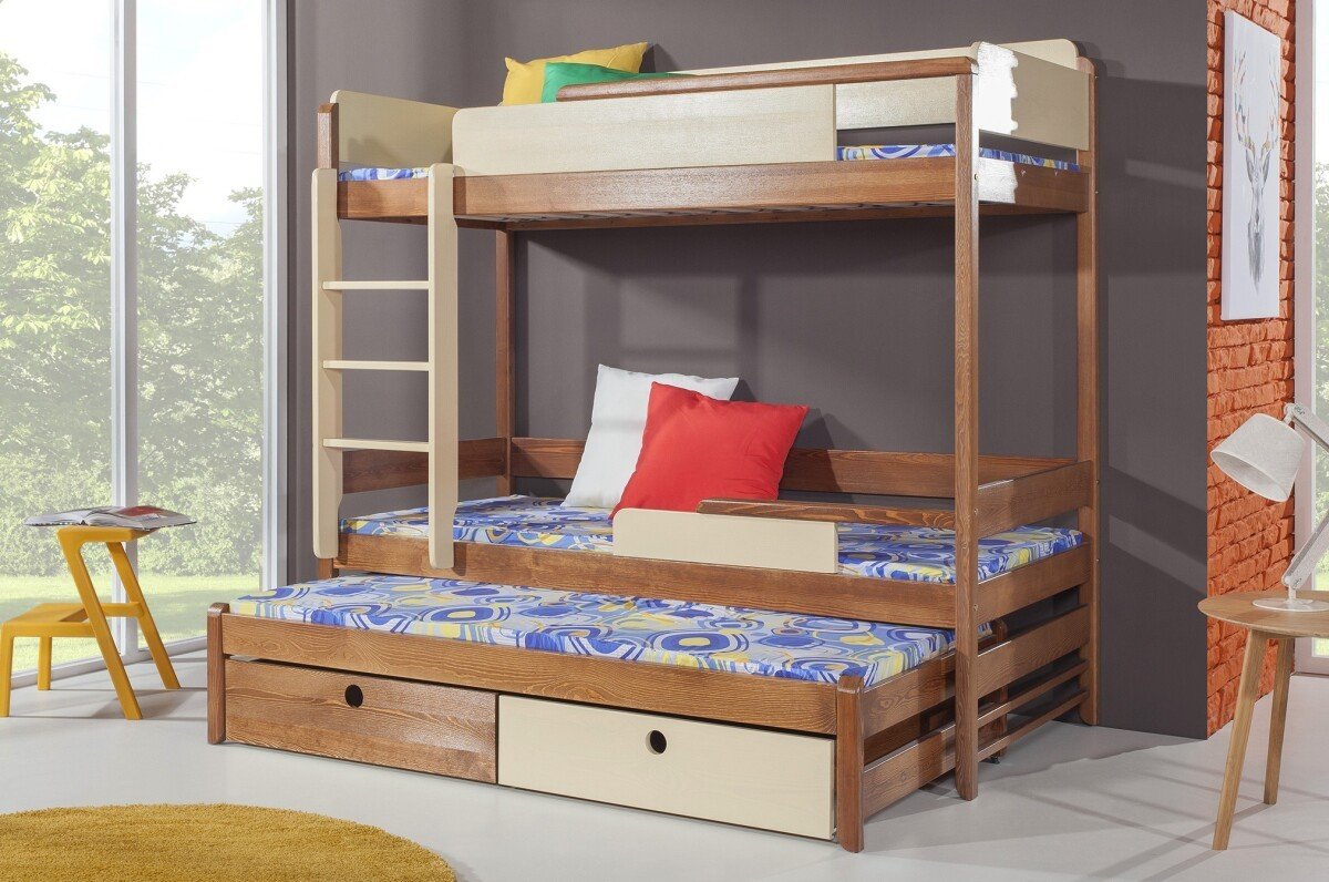 Poschoďová postel s přistýlkou a úložným prostorem pro 3 děti NATY3, masiv borovice