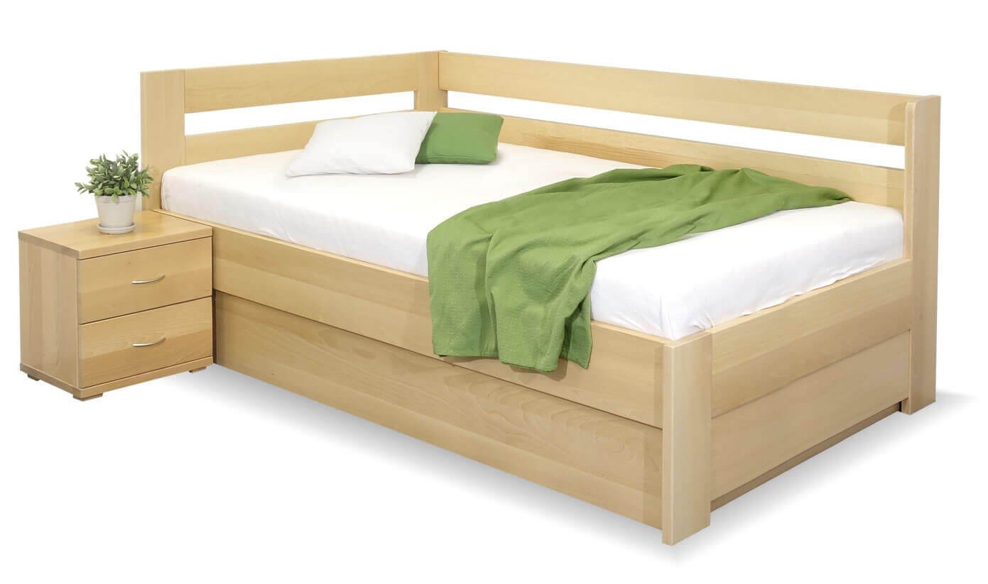 Rohová postel s úložným prostorem Valentin-Levá, 120x200 cm, masiv buk