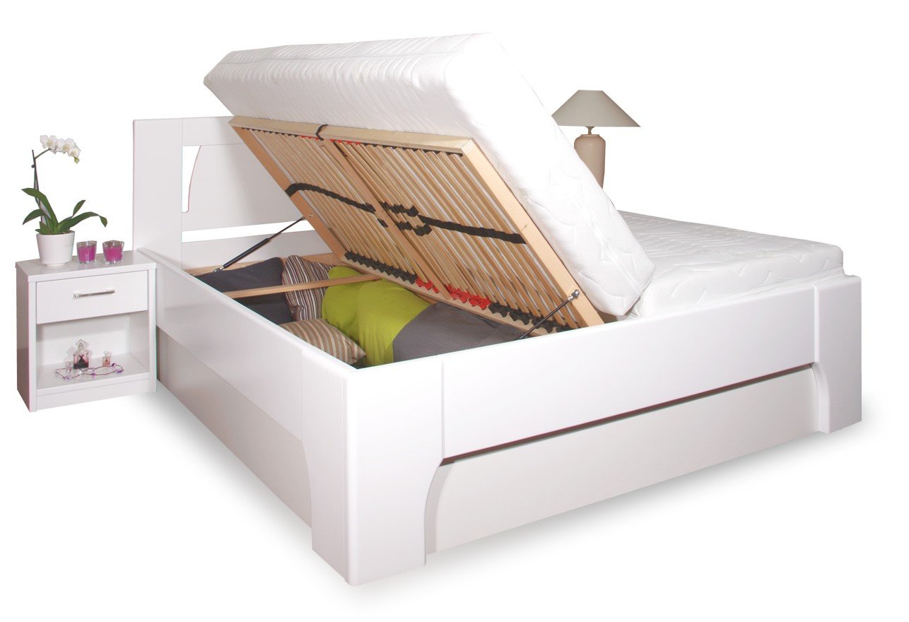 Manželská postel s úložným prostorem OLYMPIA 1, masiv buk - lak bílá