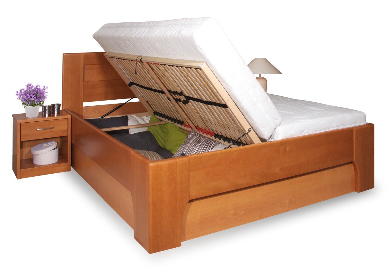 Manželská postel s úložným prostorem OLYMPIA 3, masiv buk - třešeň