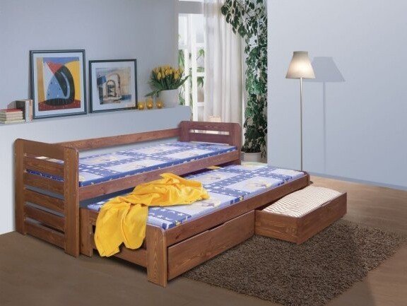 Dětská postel s přistýlkou a úložným prostorem TOMÍK, masiv borovice