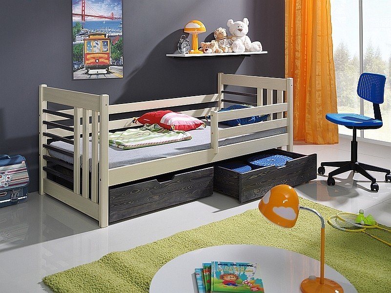 Dětská postel se zábranou a úložným prostorem OTA, masiv borovice