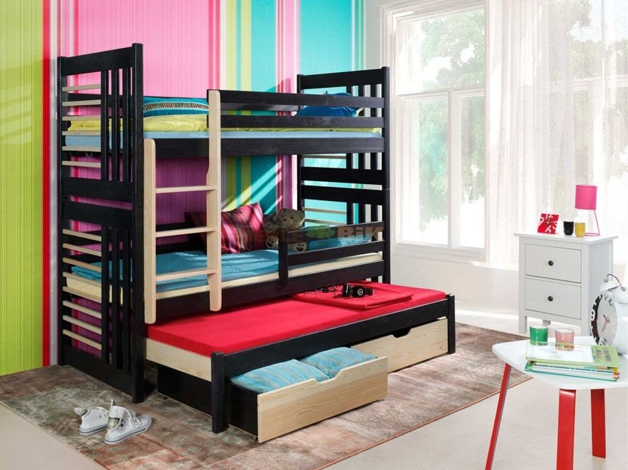 Poschoďová postel pro 3 děti RONALD, masiv borovice