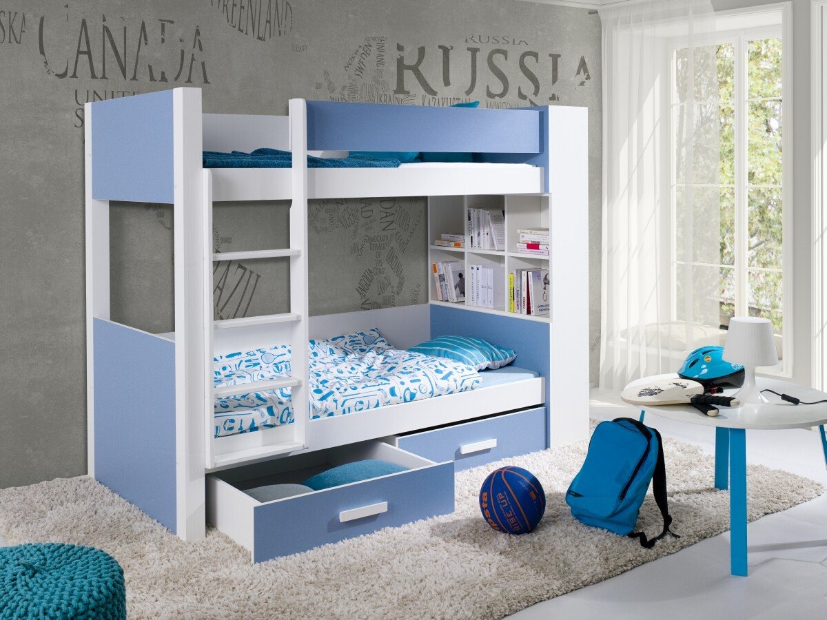 Dětská patrová postel se zábranou a úložným prostorem Gustav, masiv borovice