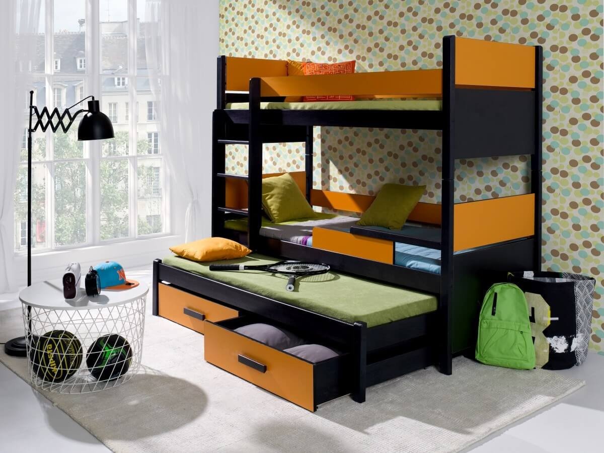 Poschoďová postel s přistýlkou a úložným prostorem pro 3 děti August, masiv borovice
