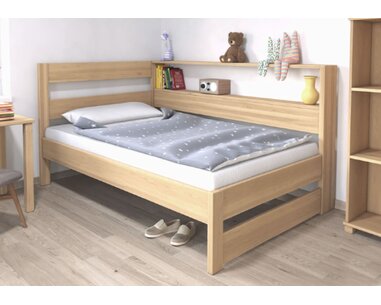 Postel jednolůžko z masivu Ela s policemi, Levá, 140x200cm, masiv buk