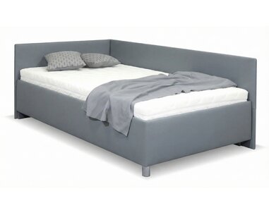 Rohová zvýšená čalouněná postel s úložným prostorem Ryana, 120x200, šedá