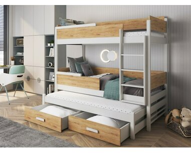 Poschoďová postel s přistýlkou a úložným prostorem pro 3 děti KVIDO, masiv borovice Poschoďová postel s přistýlkou a úložným prostorem pro 3 děti KVIDO, masiv borovice
