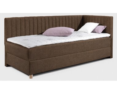 Rohová postel boxspring s úložným prostorem NOVO s čely, 90x200cm, PRAVÁ, hnědá látka - VÝPRODEJ - pohled č. 1