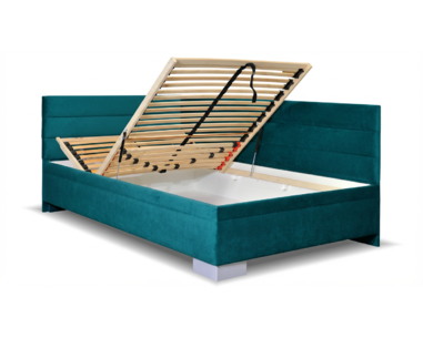 Rohová čalouněná postel Niobe, s úložným prostorem, 140x200 cm, levá, tmavý tyrkysový semiš - VÝPRODEJ