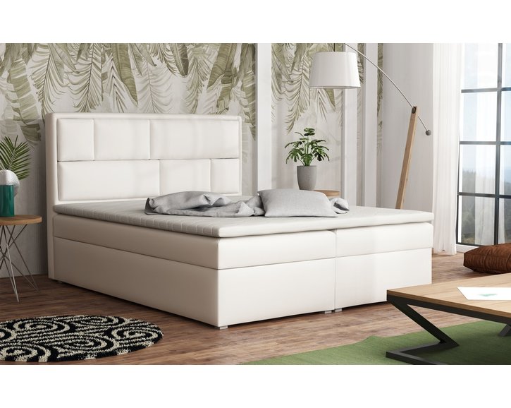 Americká postel boxspring CS34013, s matrací a úložným prostorem, bílá ekokůže, 140x200 cm