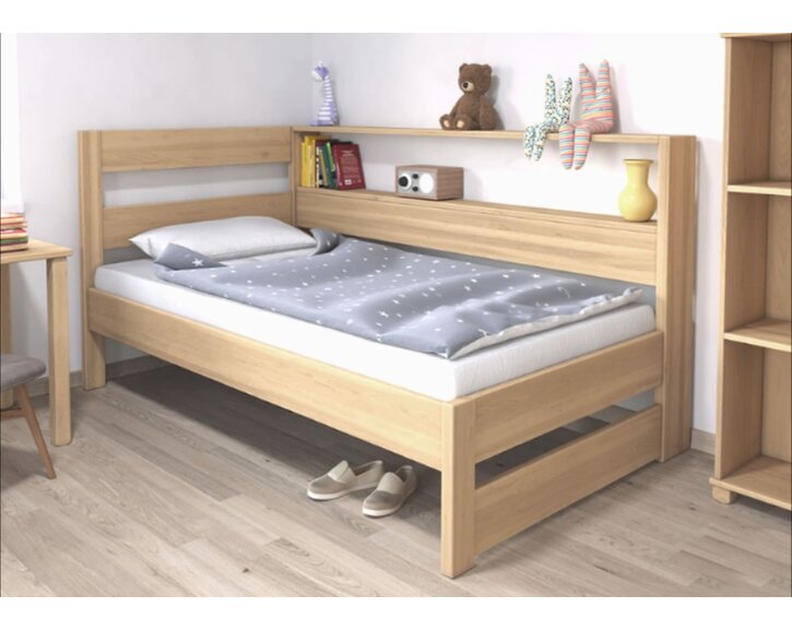 Postel jednolůžko z masivu Ela s policemi, Levá, masiv buk