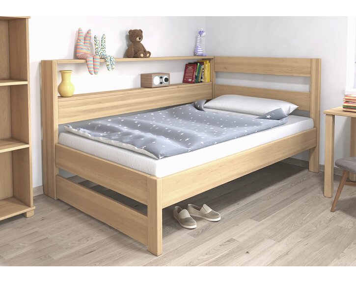 Postel jednolůžko z masivu Ela s policemi, Levá, 140x200cm, masiv buk