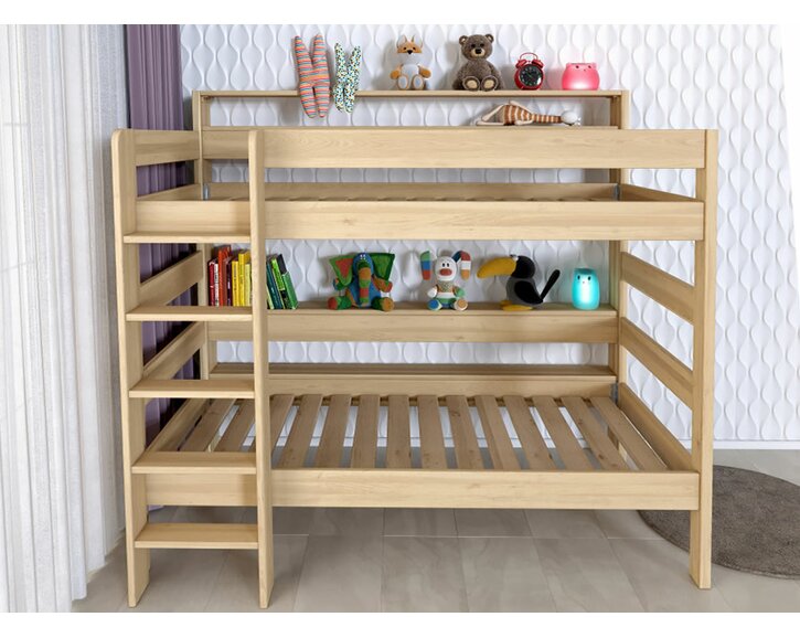 Poschoďová postel pro 2 děti JUNIOR s policemi, masiv buk