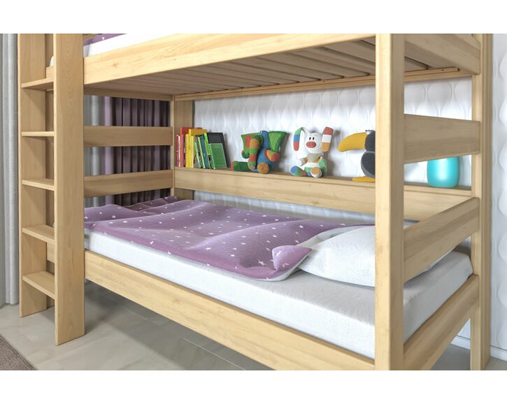 Poschoďová postel pro 2 děti JUNIOR s policemi, masiv buk