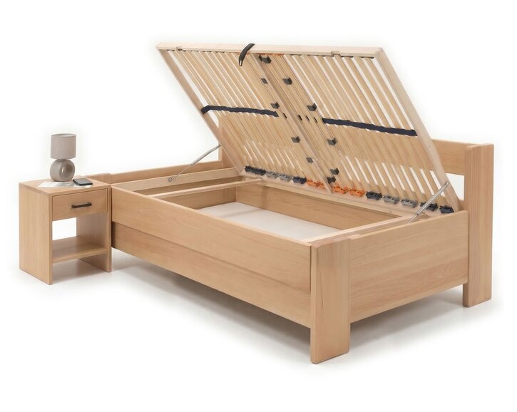 Zvýšená buková postel s roštem MIVA s bočním čelem, 140x200 Zvýšená buková postel s roštem MIVA s bočním čelem, 140x200
