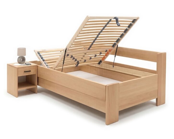 Zvýšená buková postel s roštem MIVA s bočním čelem, 140x200 Zvýšená buková postel s roštem MIVA s bočním čelem, 140x200