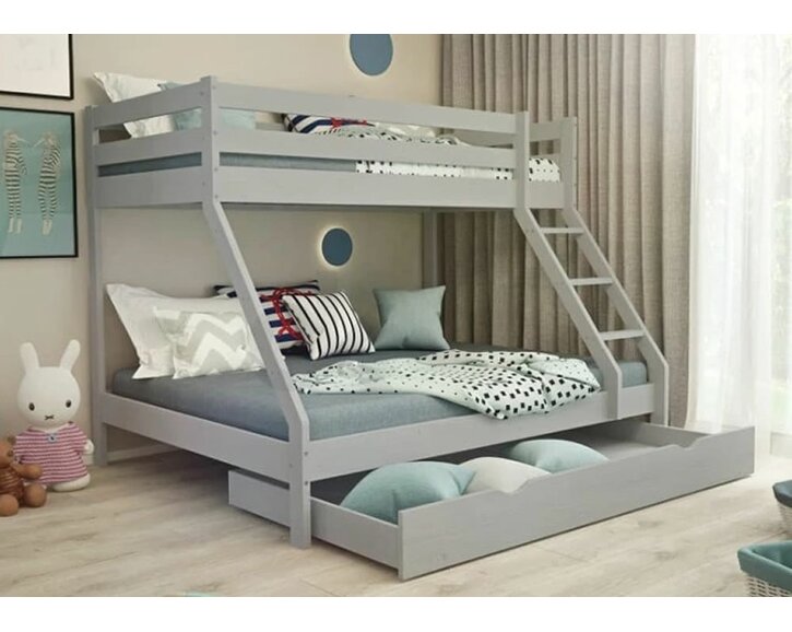 Poschoďová postel třílůžko FELIX šedá, masiv borovice