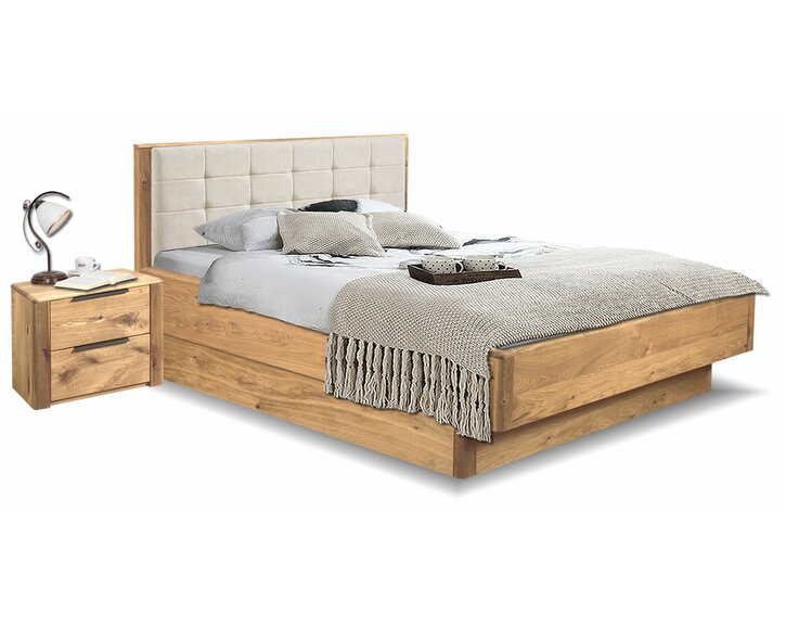 Postel s úložným prostorem a roštem Deviner, masiv dub - krémová tkanina