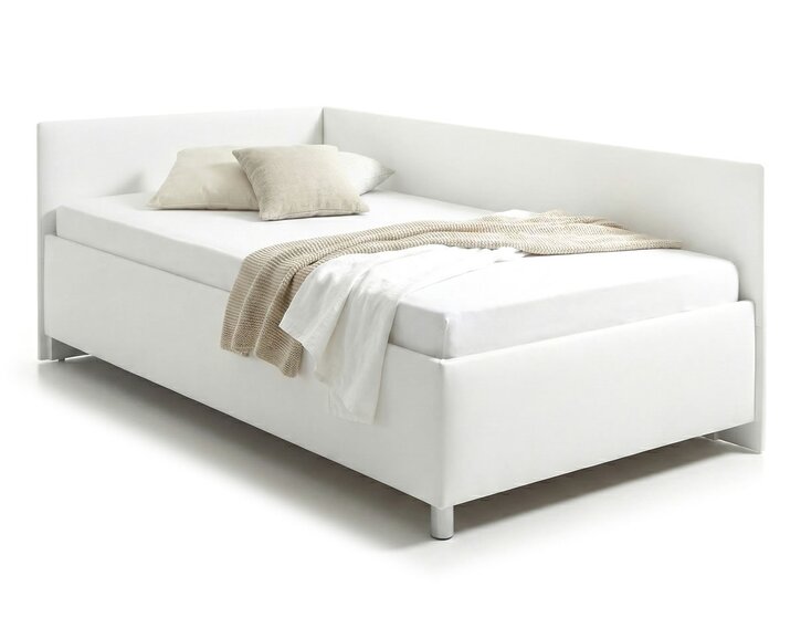 Rohová zvýšená čalouněná postel s úložným prostorem Ryana, 90x200cm, bílá