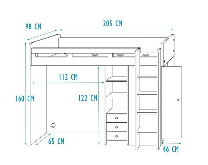 Patrová postel se skříňí, knihovnou a stolem UNITA, dub sonoma/bílá