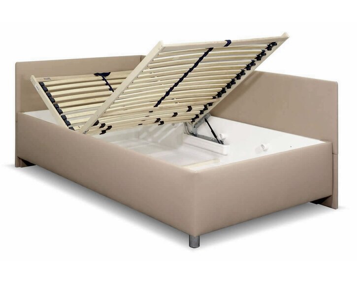 Zvýšená čalouněná postel s úložným prostorem Ryana, 90x200, světle hnědá