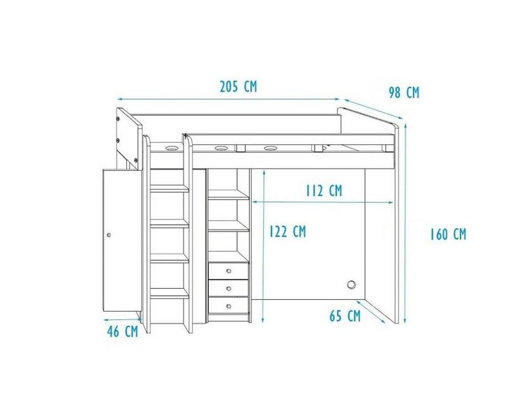 Patrová postel se skříňí, knihovnou a stolem UNITA, dub sonoma/bílá, LEVÁ Patrová postel se skříňí, knihovnou a stolem UNITA, dub sonoma/bílá, LEVÁ