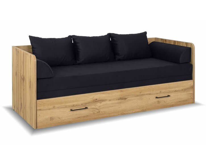 Rozkládací postel s matracemi a polštáři TETRIS, dub wotan/černá Rozkládací postel s matracemi a polštáři TETRIS, dub wotan/černá