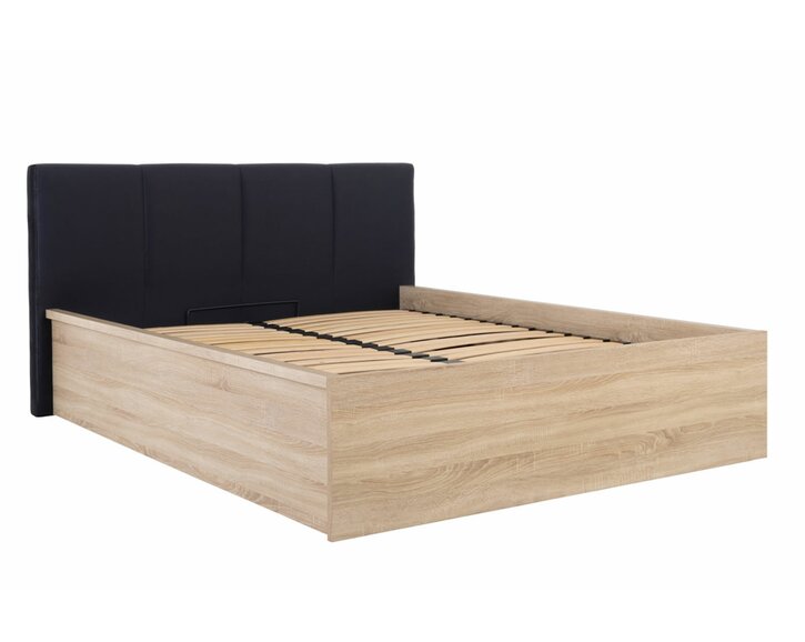 Postel s rošty a úložným prostorem a roštem Tetris, dub sonoma - černé celočalouněné čelo