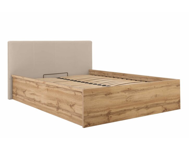 Postel s rošty a úložným prostorem a roštem Tetris, dub wotan - béžové celočalouněné čelo