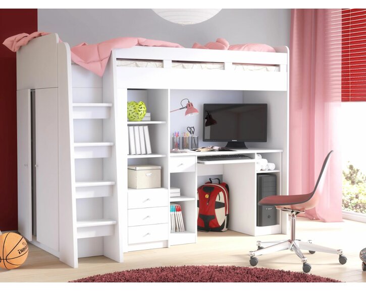 Patrová postel se skříňí, knihovnou a stolem UNITA, bílá