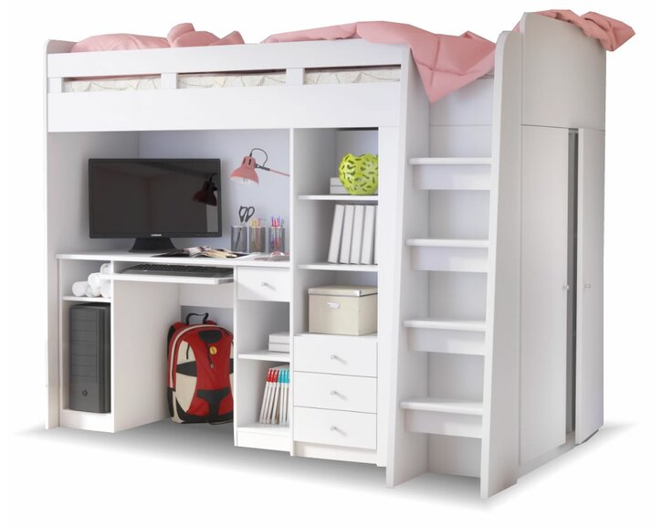 Patrová postel se skříňí, knihovnou a stolem UNITA, bílá