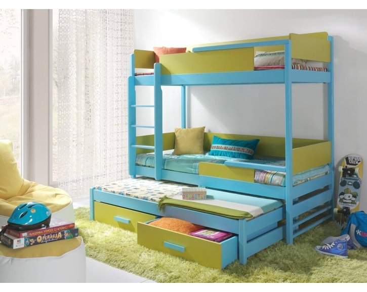 Poschoďová postel s přistýlkou a úložným prostorem pro 3 děti KVIDO, masiv borovice