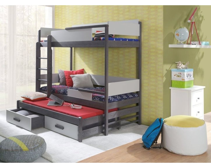 Poschoďová postel s přistýlkou a úložným prostorem pro 3 děti KVIDO, masiv borovice