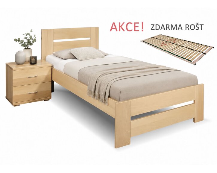 Dřevěná postel s roštem Berni, 80x200, 90x200, masiv buk