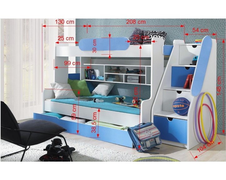 Dětská patrová postel se zábranou a úložným prostorem Sagi, lamino