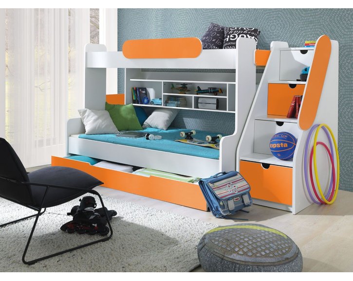 Dětská patrová postel se zábranou a úložným prostorem Sagi, lamino