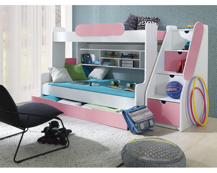 Dětská patrová postel se zábranou a úložným prostorem Sagi, lamino