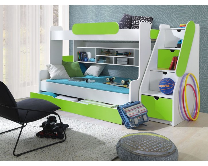 Dětská patrová postel se zábranou a úložným prostorem Sagi, lamino