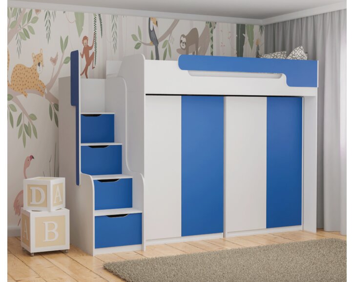 Multifunkční patrová postel Dori se spodní postelí a skříní, lamino bílá/modrá