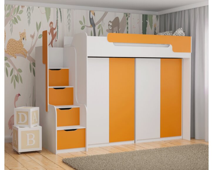 Multifunkční patrová postel Dori se spodní postelí a skříní, lamino bílá/oranžová
